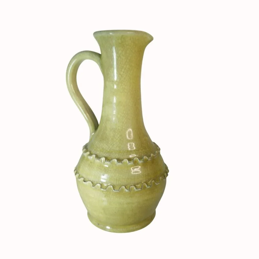 Vintage Raku Crackle Glaze Yellow Pitcher Vase Ruffle Border Studio Earthenware